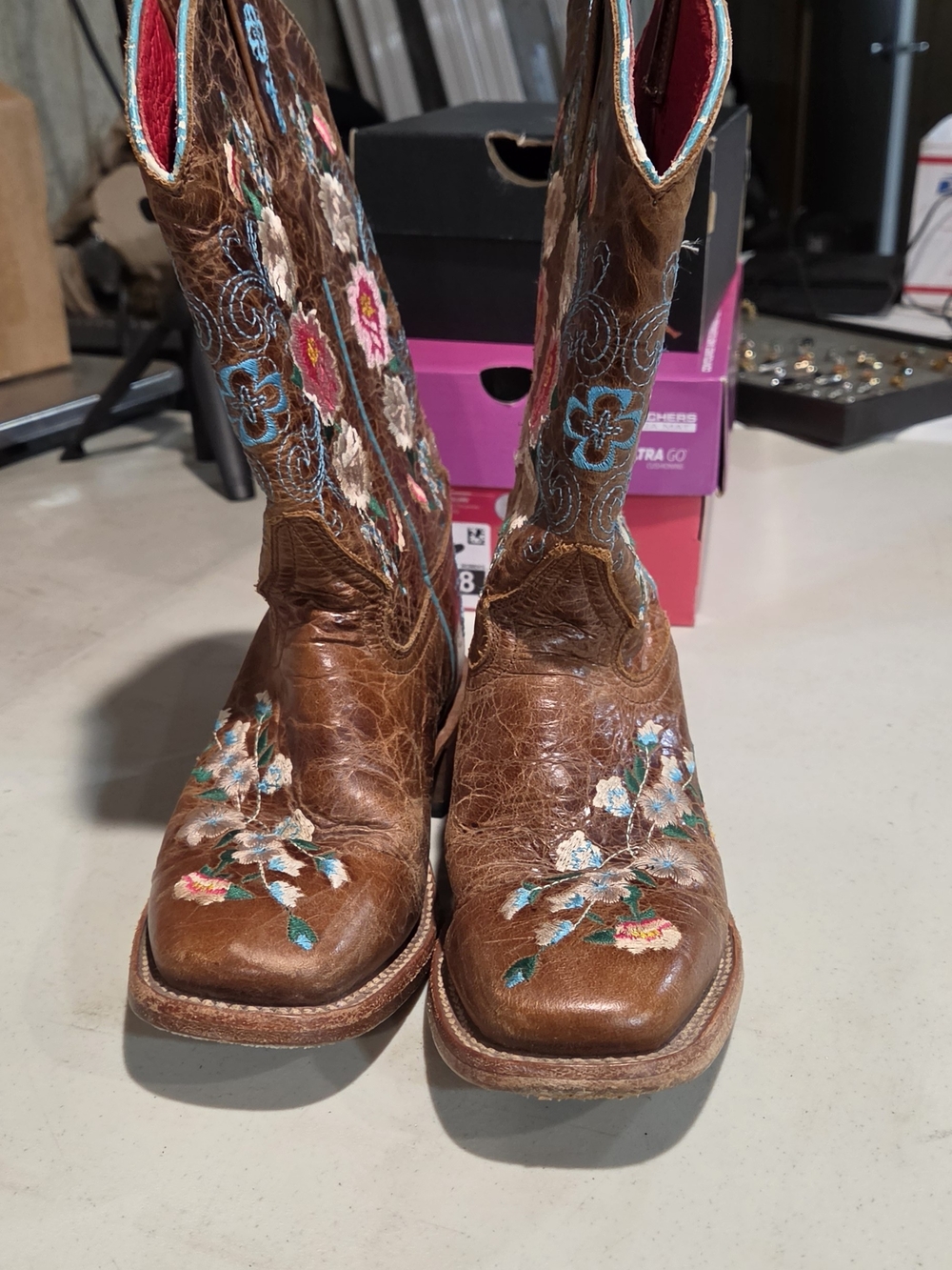 Macie Bean Brown Embroidered Floral Kids Cowboy Boots